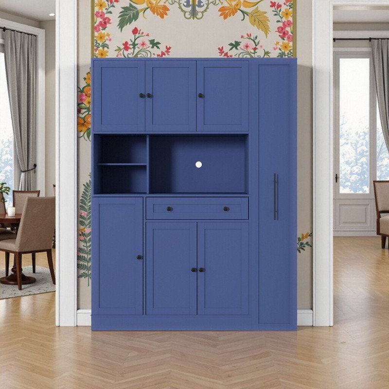 Buffet autoportant de 52,8 po avec rehausse et armoire latérale, Bleu