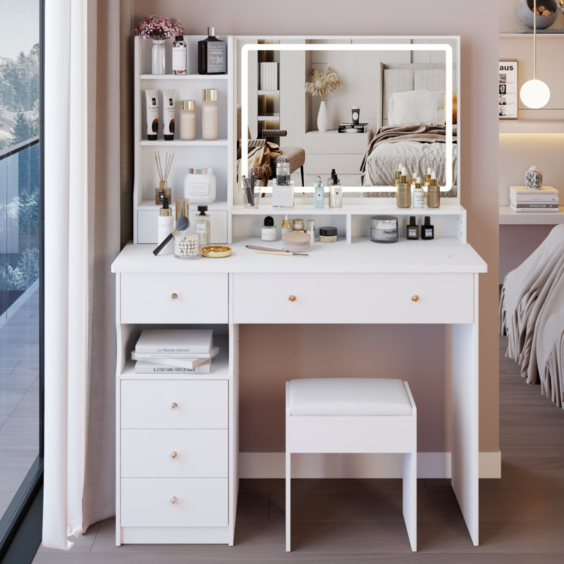 41" Vanity Table With LED Mirror And Storage For Large Space, White