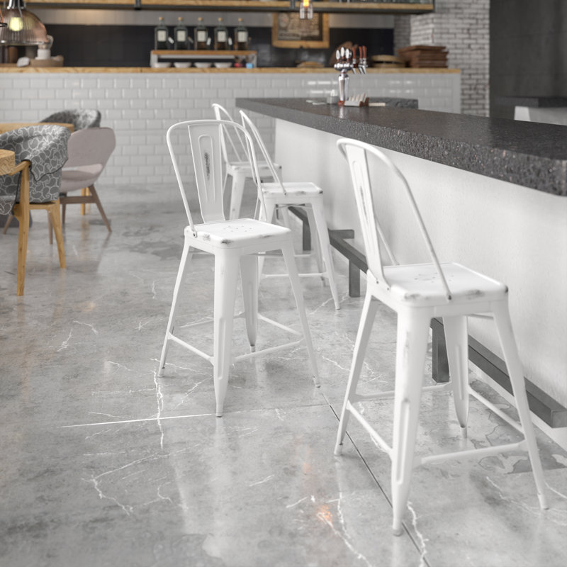Commercial Grade Metal Indoor-Outdoor Barstool with Back, Distressed White, 2, 71cm