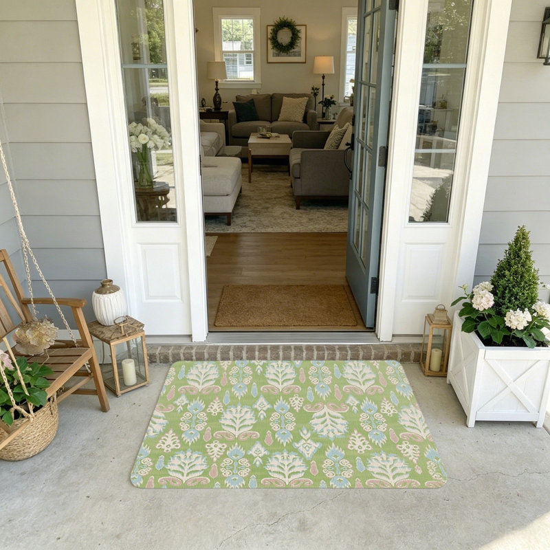 Tapis d'entrée vert à motif floral ikat Welcome 20 X 32 po