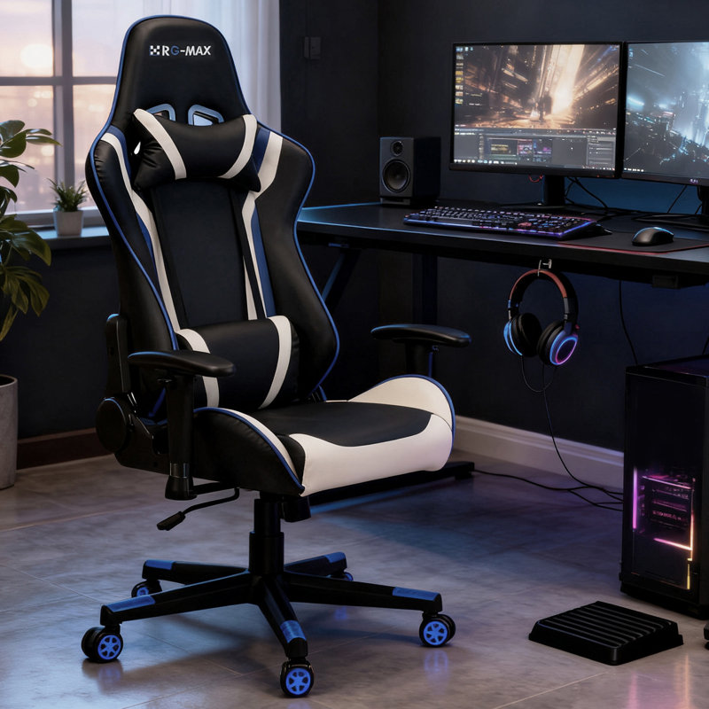 RayGar Tilting PC & Racing Game Chair, Blue/Black/White