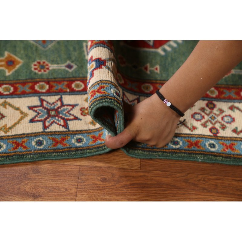 Tapis de couloir vert kazak en laine vert fait à la main 3 x 10