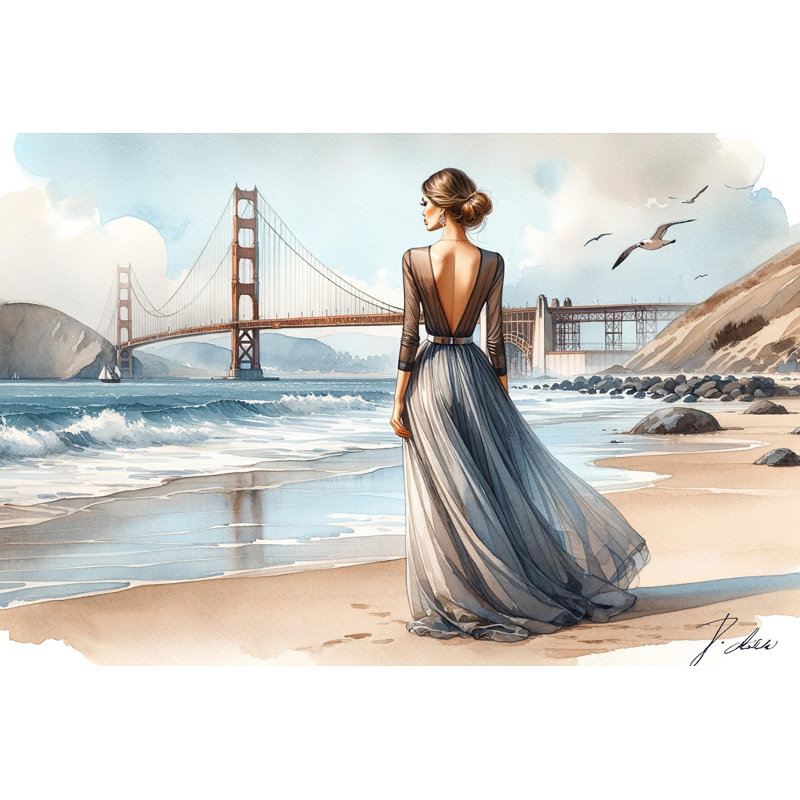 Bayside Elegance: Vue sophistiquée avec Golden Gate - impression sur toile tendue, H 12 po x l 16 po x P 1 po