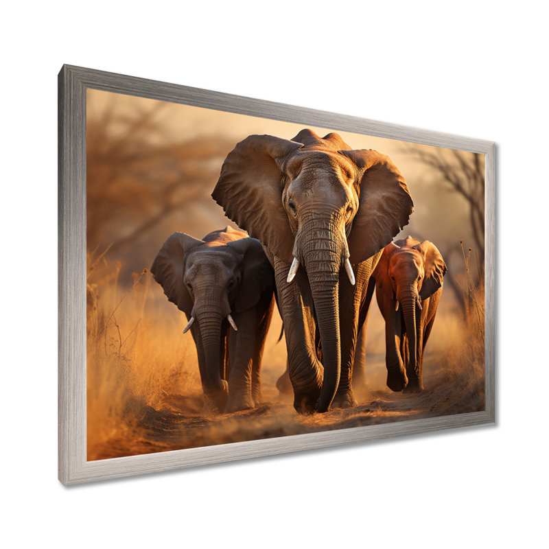 Éléphants d'Afrique, «Family Bond», H 30 po x l 40 po x P 1,5 po, Cadre simple argenté