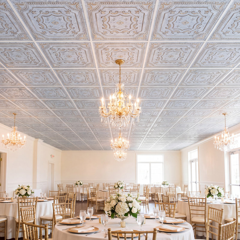 Pavillon élisabéthain de 2 pi x 2 pi Tuile de plafond à poser ou à coller, Or blanc vieilli