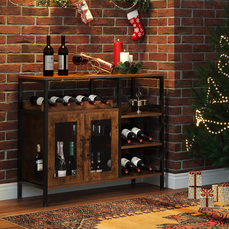 Brown Small Sideboard And Buffet Cabinet With Mesh Door And Detachable Wine Rack