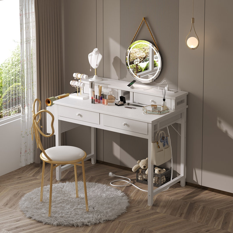 Small Computer Desk With Drawers & Monitor Stand Charging Station, White