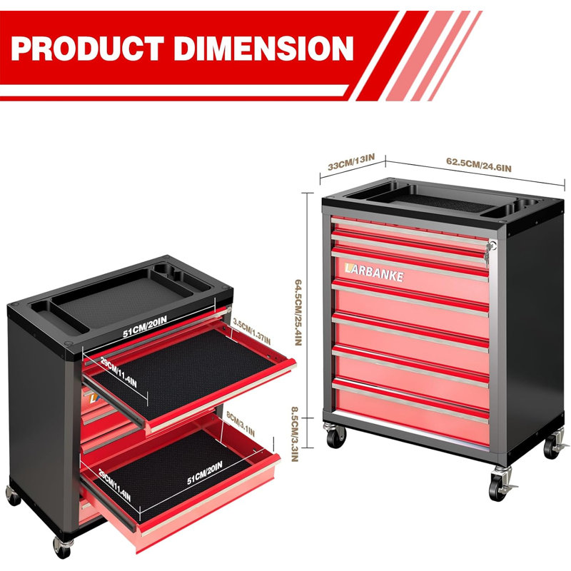 Armoire à outils roulante à 7 tiroirs avec système de verrouillage et tiges d'empilage - Rouge, Rouge