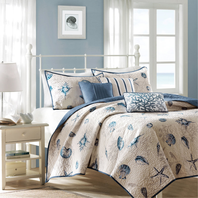 Ensemble de courtepointe en microfibre brossée avec coussins décoratifs bleu, Courtepointe double + 5 pièces supplémentaires