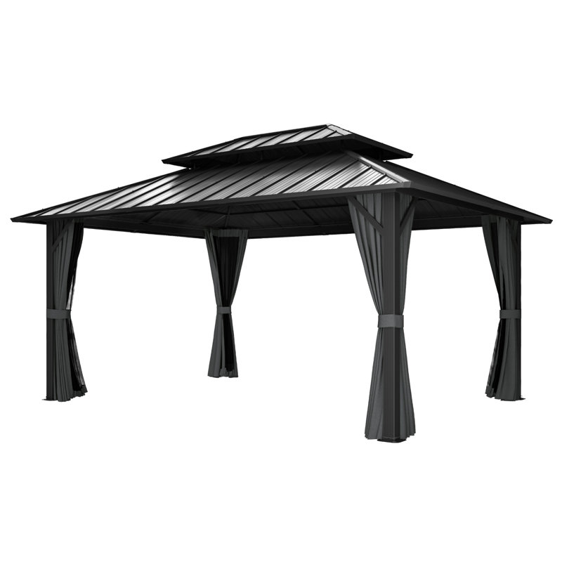 Double Roof Hardtop Metal Patio Gazebo with Curtains and Netting, Gray, Gray, 77.2"H x 168"W x 122.4"D
