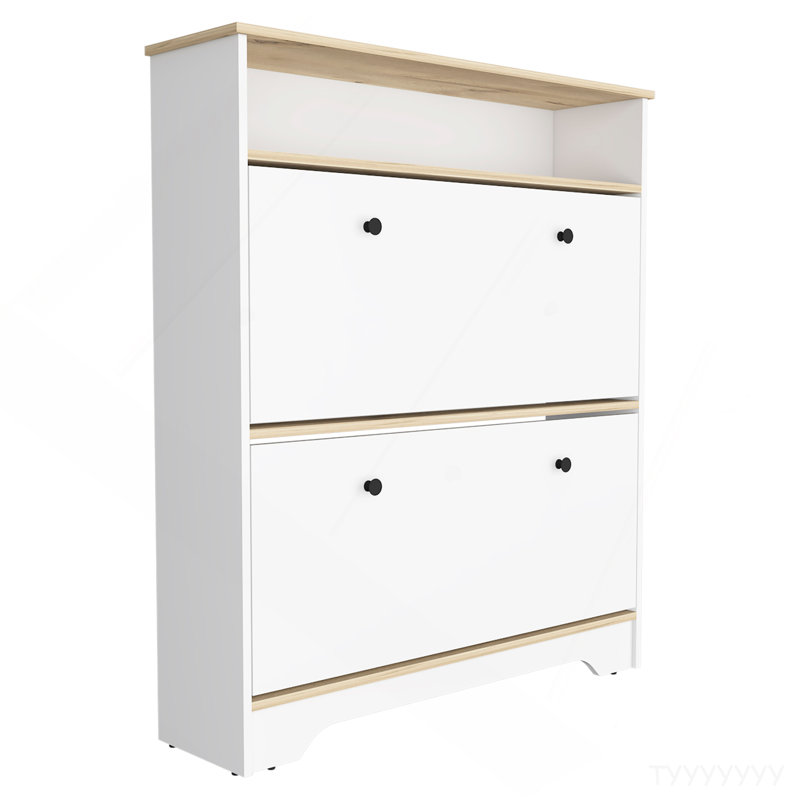 Range-chaussures H 46 po, une tablette de rangement ouverte, deux tiroirs de rangement internes, deux portes, chêne clair / blanc