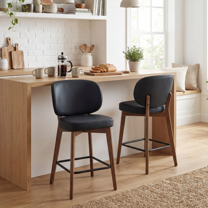 Mid-Century Modern Counter Stool, Faux Leather Upholstered Barstool with Wingback, Armless Counter Height Bar Stool With Wood Legs, Metal Footrest, For Kitchen Island Bar Counter, Black, Set of 2