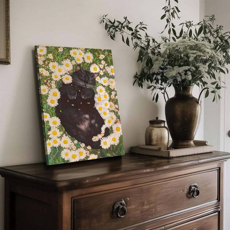 Daisies And Fat Cat Canvas Wall Art Wildflowers Cat Poster Print Wall Decor Painting Funny Cat Abstract Farmhouse Aesthetic Artwork For Bedroom Bathroom Home Decoration