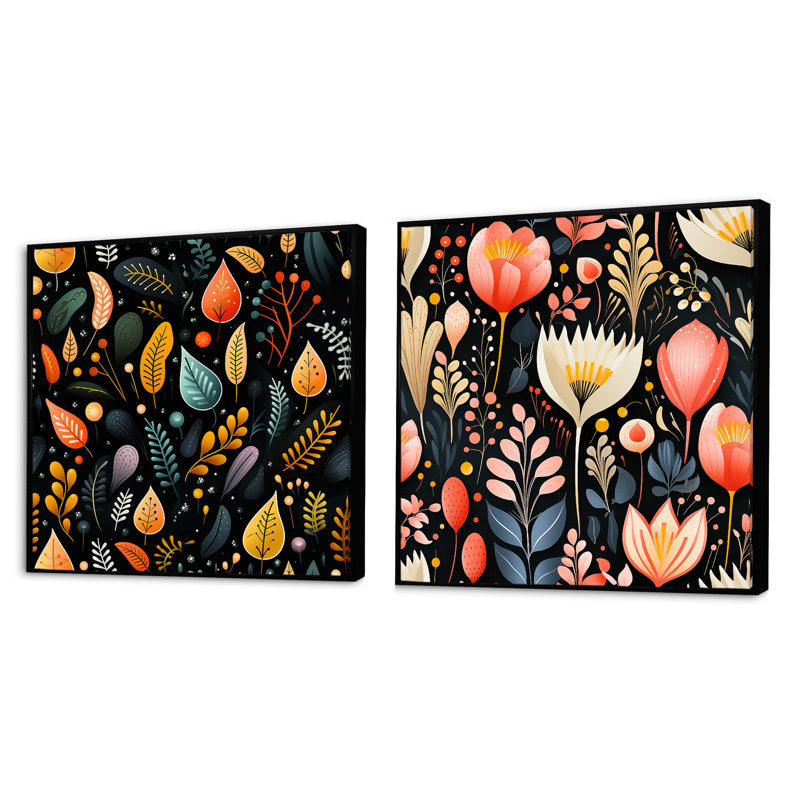 Chataignier - Ensemble de 2 collages carrés botaniques abstraits, Cadre flottant noir, H 16 po x l 33 po