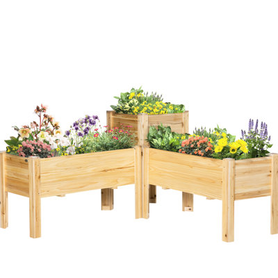 3 Raised Garden Boxes, Wooden Elevated Planter Beds With Legs & Liners. Backyard Patio Planting. Grow Veggies, Herbs, Blossoms. Natural Wood. Breathable, Management. Wood Construction. Flexible