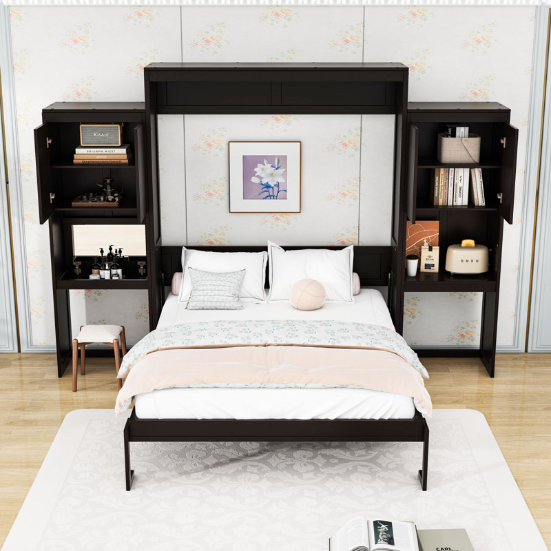 Grand lit escamotable en bois avec tablettes de rangement, armoires et lattes, Espresso