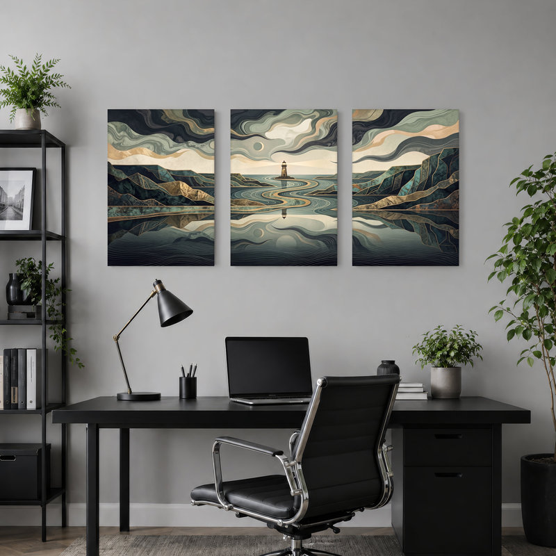 Art mural sur toile, ensemble de 3 montagnes géométriques et eau, H 30 po x l 20 po x 3 pièces