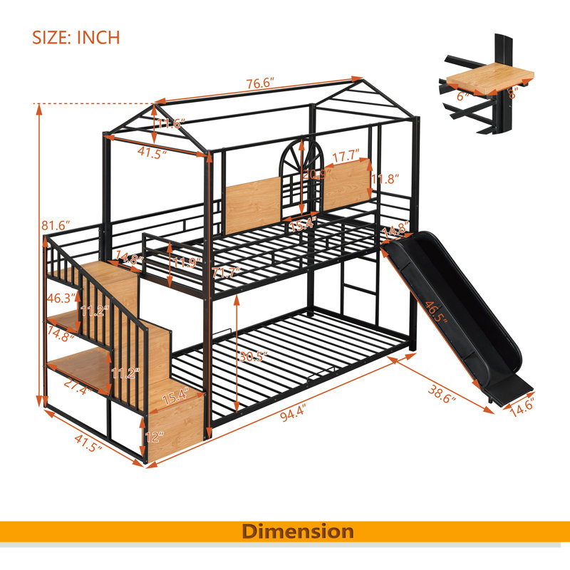Twin Over Twin Metal Bunk Bed, Metal Housebed With Slide And Storage Stair, Black