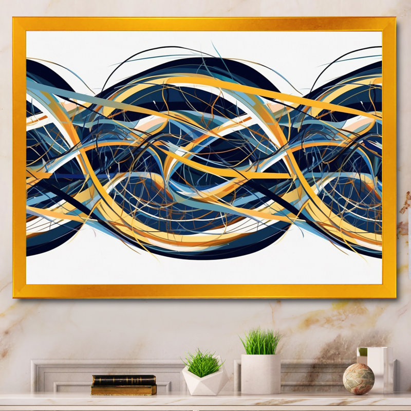 Helix expression abstraite jaune et bleu, Cadre flottant doré, H 12 po x l 20 po x P 1 po
