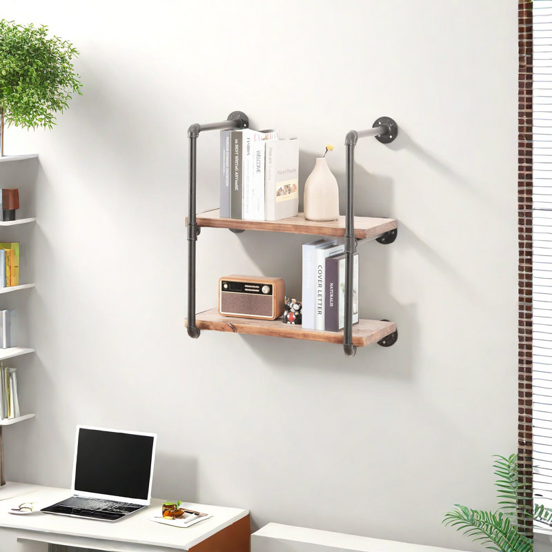 Industrial Retro Pipe Shelf 24In 2 Tier Wall Mounted,Rustic Floating Shelves,Farmhouse Kitchen Bar Shelving,Home Decor Book Shelves,DIY Bookshelf Hanging Wall Shelves