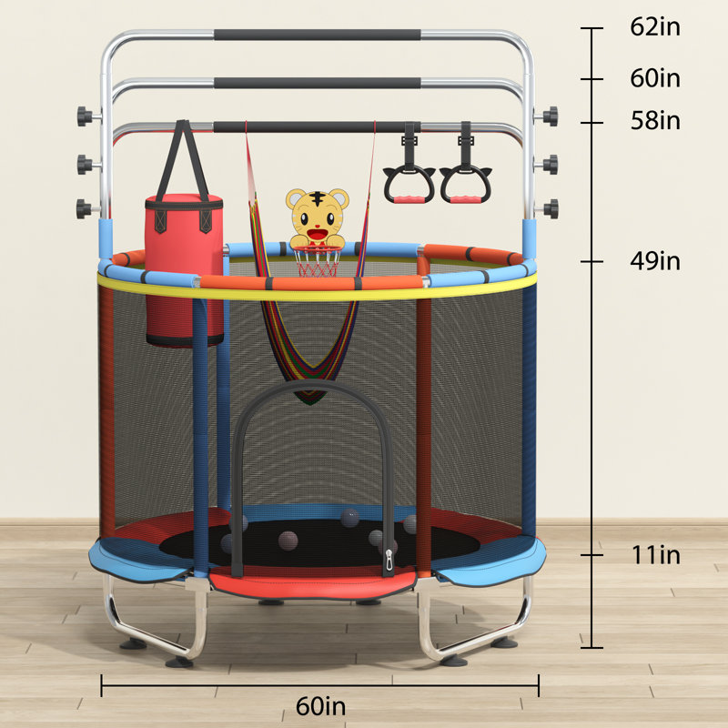Trampoline multifonctionnel pour enfants | Transat intérieur 60 "| Cadre en acier haute résistance | Capacité de 500 lb | Trampoline rouge et noir avec hamac, panier de basketball et sac de boxe