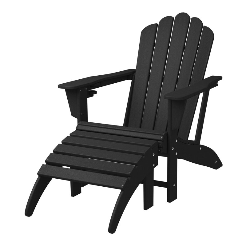 Lucus All-Weather Poly Adirondack Chair with Ottoman, Black