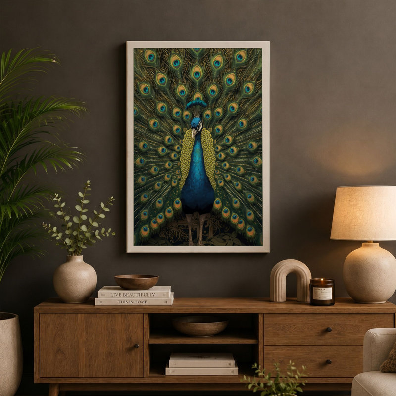 Peacock Resplendent Botanical - Wrapped Canvas, Black Border, 30x20 - 76.2 x 50.8 cm