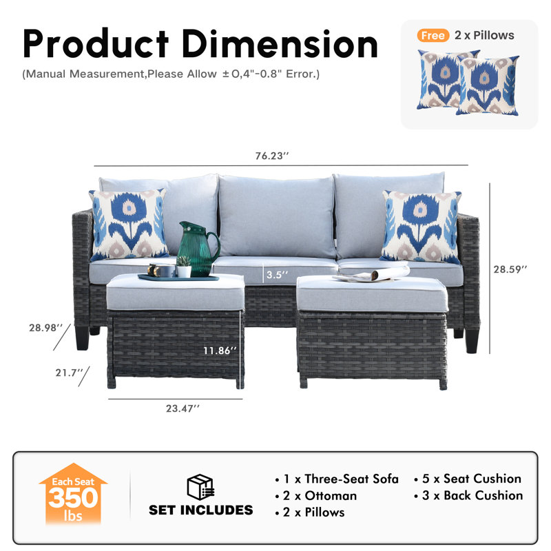 Allcot 3 - Person Wicker Rattan Outdoor Seating Group with Pillows, Cushions and Ottomans, All Weather High Back Conversation Set for Garden Backyard