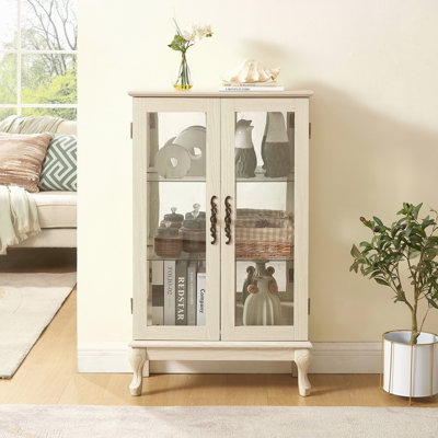 2 Doors Curio Cabinet With Tempered Glass Doors, Curio Cabinets With Mirrored Back Panel And Adjustable Shelves, Lighted Display Cabinet For Home, Office Light Bulb Included