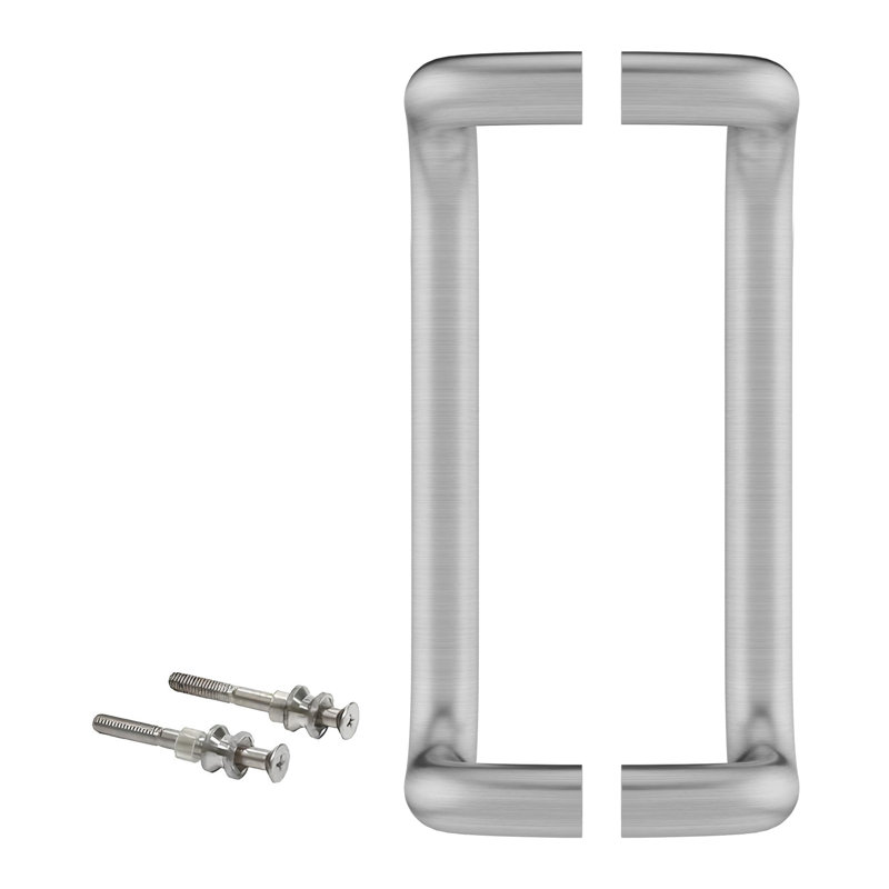 Poignées de tirage décalées dos à dos de 11 po de longueur, 10 po de fixation d'un centre à l'autre, 1 po de diamètre, matériau en aluminium, finition en acier inoxydable brossé