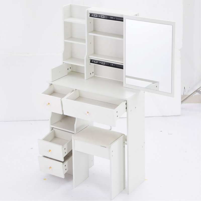 Table de coiffeuse 29,2 po avec tiroir à gauche avec tabouret rembourré, rangement multi-couches grande capacité, commode pratique