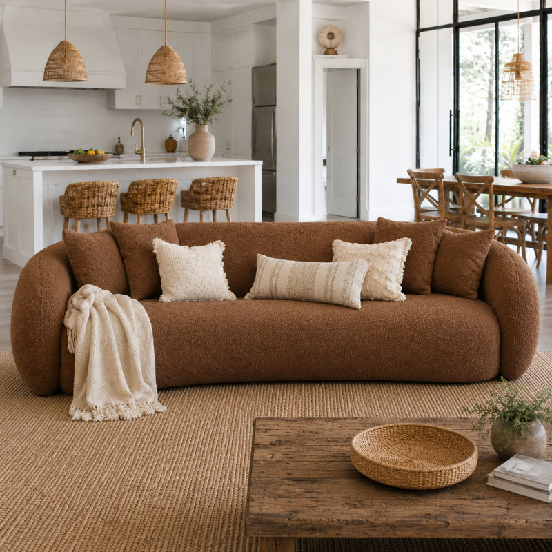 101.3"Boucle Curved Half - Moon 5 - Seater Sofa, Modern Leisure Couch For Living Room Gatherings & Stylish Lounging, Brown