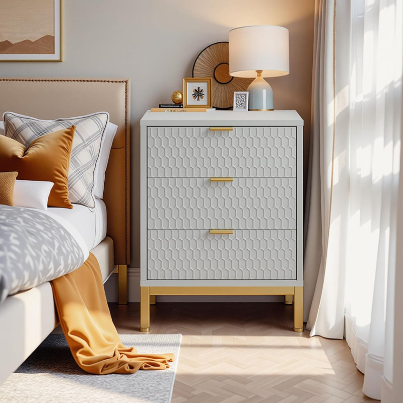 25.8" Tall Nightstand With 3 Drawers,Modern Beside Table With Metal Handles And Metal Legs,Honeycomb Hexagon Pattern Decorate Side Table For Bedroom