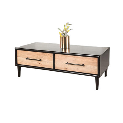 Table basse Lucas, 2 tiroirs, brun, bois d'hévéa massif noir, 52 po