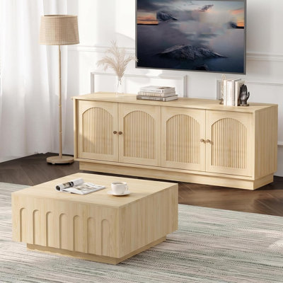 Meuble télé 2 pièces de 67 po pour téléviseur de 75 po et table basse carrée, ensemble de salon de style Mid-Century cannelé en chêne, table de divertissement avec porte arquée, rangement pour bureau personnel