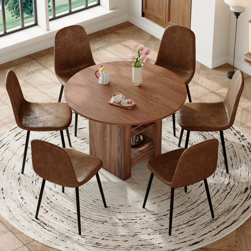 Table de salle à manger 42 "Mid-Century, 7 pièces : table, 6 chaises, Noyer, Brun
