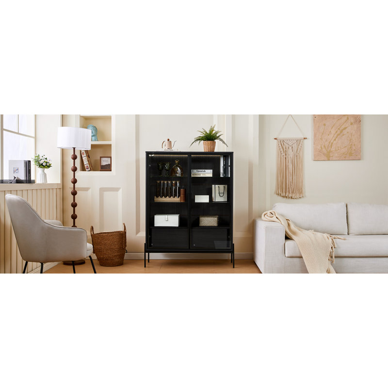 51.2'' Tall Lighted Display Cabinet With Tempered Glass Door, Metal Legs, LED Curio Cabinet, Modern Minimalist Style, For Living Room, Office, Study