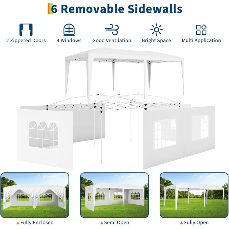 10x20 Heavy Duty Pop Up Canopy Tent with 6 Sidewalls, 3 Heights, Commercial Frame, Stakes & Ropes, White