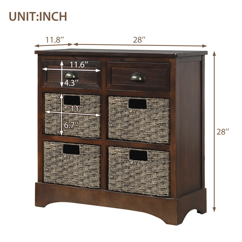 TREXM Rustic Storage Cabinet With Two Drawers And Four Classic Rattan Basket For Dining Room/Living Room, Espresso