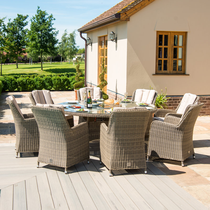 Balch 8 Seat Round Rattan Fire Pit Dining Set - with Lazy Susan
