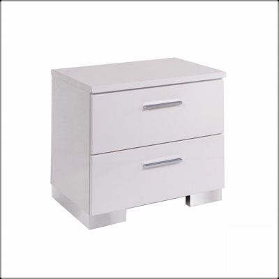 Table de chevet moderne ultrabrillante avec 2 tiroirs et pieds chromés, parfaite pour les chambres à coucher contemporaines et les solutions de rangement.