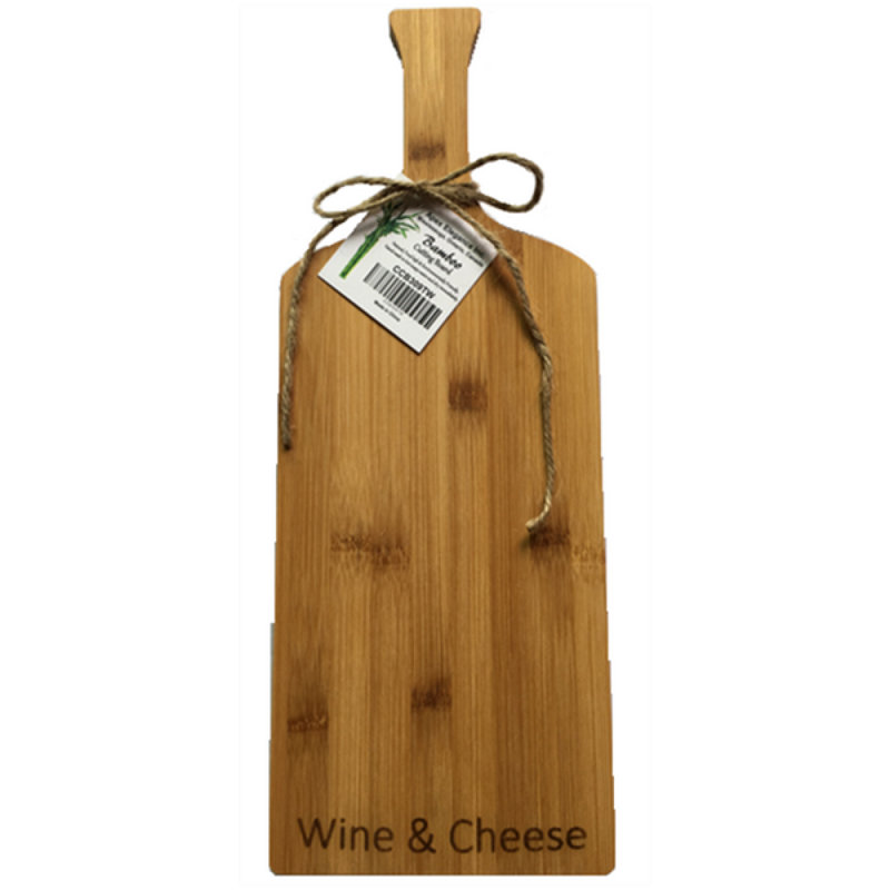 Bambou en forme de bouteille de vin avec texte - planche à découper vin et fromage
