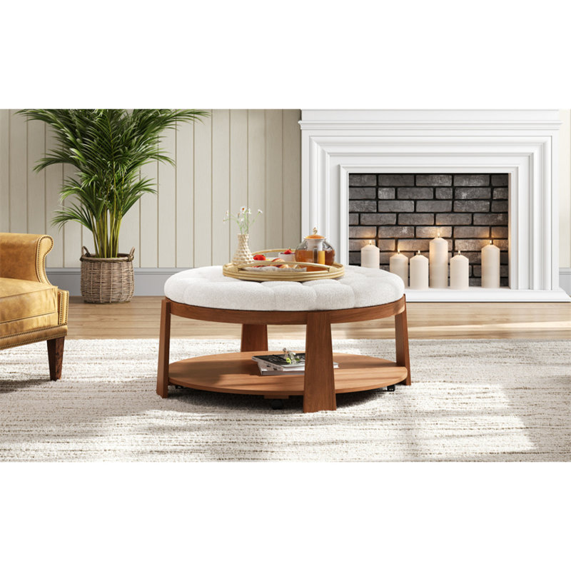 Grande table basse moderne avec repose-pieds capitonné à 2 niveaux avec tablette en bois et rangement