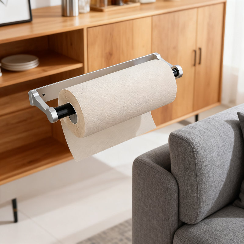 Porte-essuie-tout sous armoire avec options de fixation adhésive et perceuse, fabrication en aluminium pour une installation horizontale ou verticale dans la cuisine ou la salle de bain