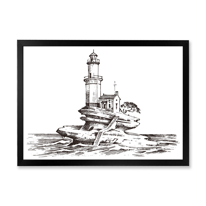 Phare et mer monochromes - Impression sur toile, Toile avec cadre de coin noir fermé, H 30 po x l 40 po