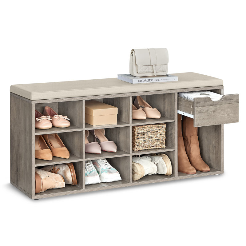 10 Pair Shoe Storage Bench With Drawer, Heather Greige/Cappuccino Beige