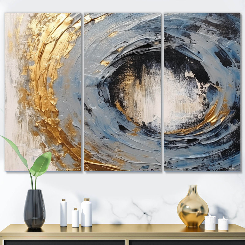 «Gold and Blue Vibrant Spirals I», 3 impressions sur toile tendue, H 28 po x l 36 po x P 1 po