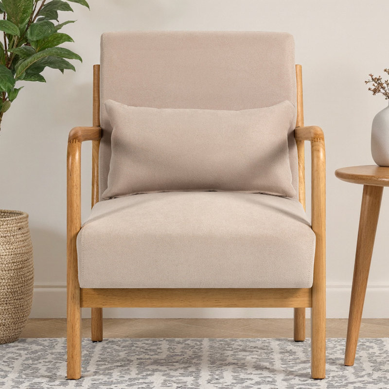 Chaise de loisir Mid-Century moderne en lin - accoudoirs et pieds en bois massif, canapé d'appoint beige, Beige