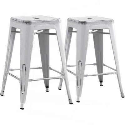 Tabourets de bar en métal sans dossier, léger, industriel, contemporain, contemporain, rustique, rétro, côtier, sans dossier et 4 pieds (ensemble de 2) (siège de 24 po, blanc vieilli)
