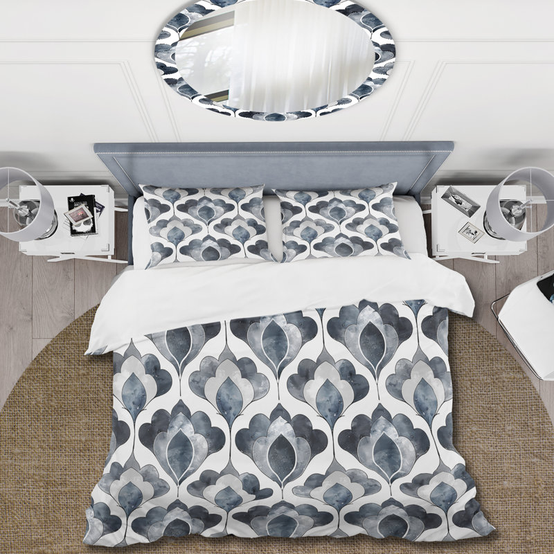 Ensemble de housse de couette blanc gris quadrilobe Elegance - Mid-Century, Housse de couette très grand + 2 taies décorativ